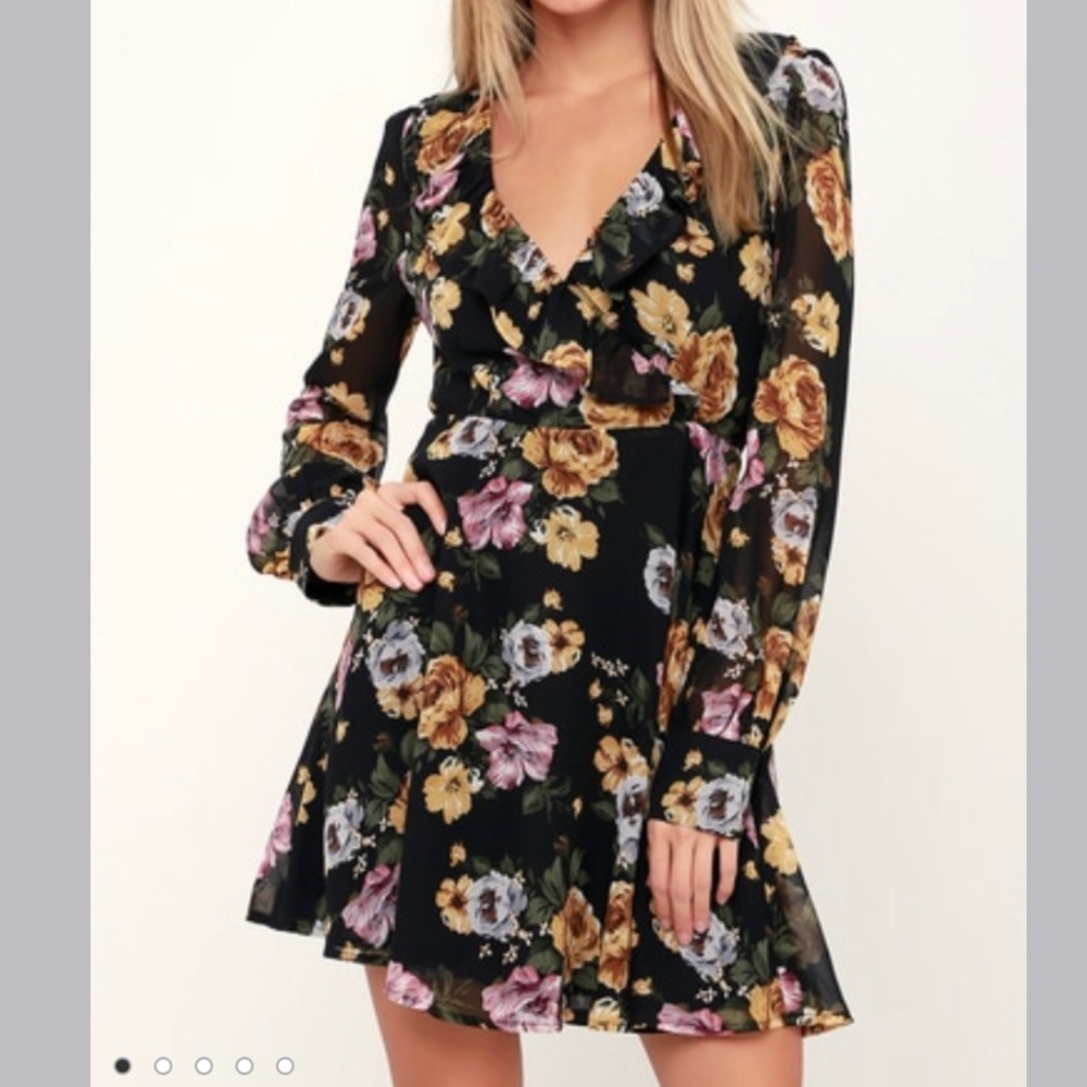 LULUS Love Abound Black Floral Print Long Sleeve Dress